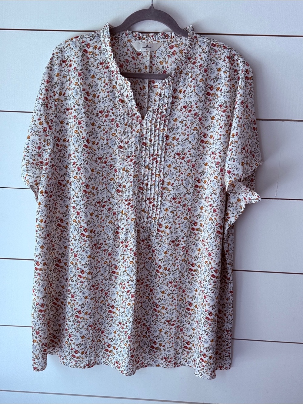 Agnes Orinda plus size floral split neck short sleeve pleated blouse Sz 3X
